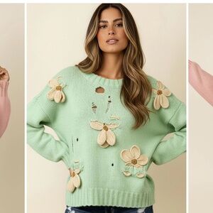 SS6–(PRE ORDER 2/15) Distressed Floral Knit Womens Sweater